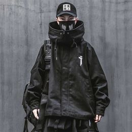 Techwear Jacket for Men Black Spring Japanese Streetwear Hooded Coat 211217