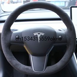 DIY Hand Sewing Stitching Steering Wheel Handle Cover For Tesla Model 3 S X Y Black Suede Car Accessories