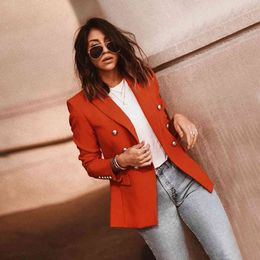 Women's Autumn Red Double Breasted Blazer Jacket Office Ladies Long Sleeve Notched Blazers Spring Elegant Outwear Female 210518