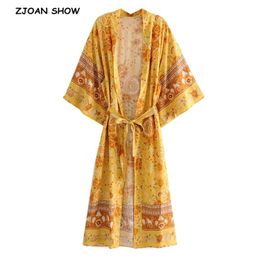 Böhmen V-Ausschnitt Gold Blumendruck Maxi Lange Kimono Strickjacke Ethnische Frauen Schnürung Bogen Schärpen Hemd Boho Lose Bluse Tops 210429