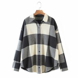 Vintage Woman Oversized Grey Plaid Patchwork Woollen Shirt Spring Fashion Ladies Loose Soft Coats Female Elegant Jacket 210515