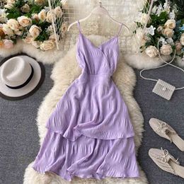 Seaside Holiday Dress Women Fashion Sexy Ins V-neck Backless Ruffled Beach Summer Sleeveless Elegant Vestidos N266 210527