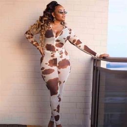 Autumn Winter Women's Vintage Print Stretchy Rompers Long Sleeve Streetwear Fitness Overallls Sheer Jumpsuits 210517