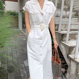 Korean Chic Dress Lapel Multi Pocket Design Dress Woman Buckle Lace Up Waist Short Sleeve Dress with Belt Y1204