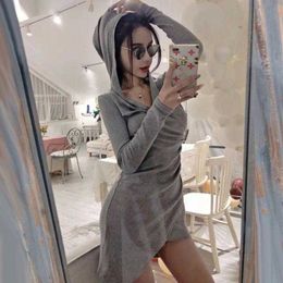 WOMENGAGA Grey Sexy Hooded Long Sleeve Sweater Mini Dress Korean Autumn Summer Tops V Neck Irregular Dresses YU08 210603