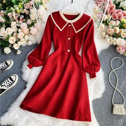 LY VAREY LIN Autumn Winter Women Fashion Sweet Doll Collar Long Sleeve High Waist Slimming Knitted Sweater Dress 210526