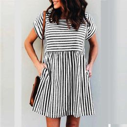 Women Summer Dress Casual Striped Print Short Sleeve Short Dress Square Collar Cotton Linen Pocket Party Beach Dresses 210527