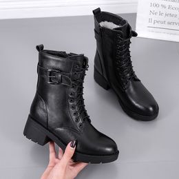 Top Quality Genuine Leather Women Military Boots Lace Classic Style Female Martn Boots 4CM Thick Wool Black Casual Shoes