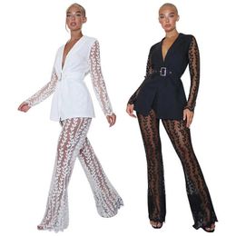 Fashionable Women Lace Party Outfits Embroidery Two Piece Sets Lady's V-Neck Sashes Tops High Waist See Through Flared Pant 210930