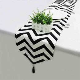Black White Striped Table Runner Tea TV Cabinet cloth Home Decor Cover Cloth with Tassel Party Bed 210628