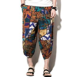 MISSKY Men Pants Bloomers Harem Seventh-Pants Cotton Linen Summer Casual Loose Trousers For Male Plus Size M-5XL X0723