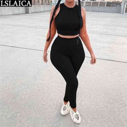 Two-piece Solid Colour Vest Sleeveless Casual Pullover O-Neck Elastic Waist Clothes for Women Sale Fitness Tracksuit 2 Piece 210515