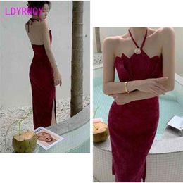 LDYRWQY The Korean summer version of is a sexy fashion slit dress with backless, slim body and neck tie 210416