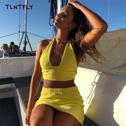 Two Piece Set Skirt And Top Casual Beach Women Halter Neck Show Chest Tie Open Back Breast Wrap Sexy Summer Vacation Streetwear 210730