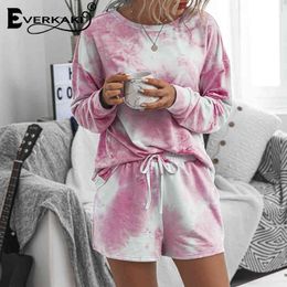 Everkaki 2 Pieces Sets Suits Women Sports Summer Gym Tie-dyed Streetwear Ladies Home Suits Sets Female Casual 2020 New Fashion X0428
