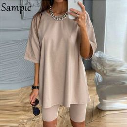 Sampic Fashion White Khaki Sexy Women Summer O Neck Short Sleeve Shirt Tops And Bodycon Shorts Bottom Suit Two Piece Sets Outfit Y0702