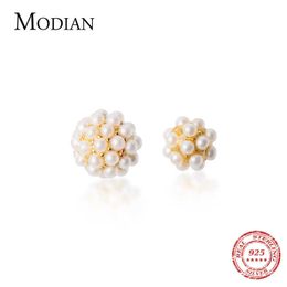 Fashion Pearl Geometric Round Stud Earrings for Women 925 Sterling Silver Luxury Weddiing Engagement Statement Jewelry 210707