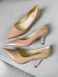 Classic women Dress Shoes pumps high heels nude patent leather pointed toe slip on Wedding Party Evening flat with box 35-43