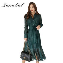 Spring Vintage Hollow Out Lace Women Long Sleeve Single-breasted Split Shirt Ladies Sashes Mermaid Dress 210416