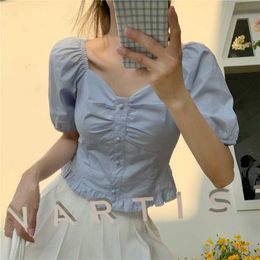 Blouse Women Blue Square Neck Puff Sleeve Crop Tops Short Sleeve Sweet Fashion Girls Blusas Mujer Japan Style Preppy Solid 210610