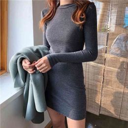 Korean women's round neck slim pullover long-sleeved knitted dress female bag hip base Knee-Length 210416