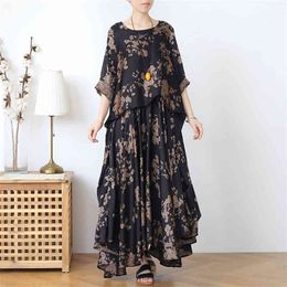 Johnature Women Black Vintage Print Floral Dresses Patchwork Loose Fake Two-piece Clothes Autumn Silk Female Dresses 210521