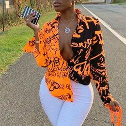 Women Print Letter Blouse Long Sleeve Button Up Patchwork Sexy Casual Fashion Female Bluas African Femme Summer Autumn Tops 210416