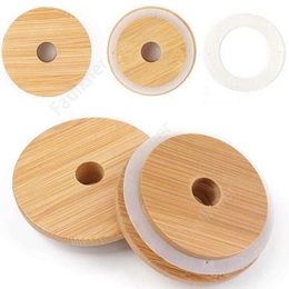 Mason Lids Reusable Bamboo Caps Lids with Straw Hole and Silicone Seal for Mason Jars Canning Drinking Jars Lid DHF36