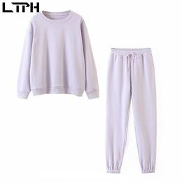 Simple Loose Pullover O-Neck sweatshirt thick warm high waist pants tracksuits women two peices set Autumn Casual 210427