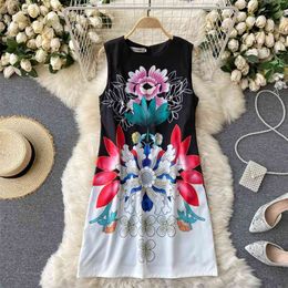 Spring Clothes European American Retro Positioning Vestidos Female Print Temperament Sleeveless Vest Midi Dress GK100 210507