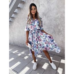 New Design Good Quality Factory Price Fashion Hot Selling Women's Printed Half Sleeve Buttoned V-Neck Dress X0529