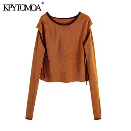 Women Fashion Patchwork Cropped Knitted Sweater Separate Long Sleeve Side Vents Female Pullovers Chic Tops 210420