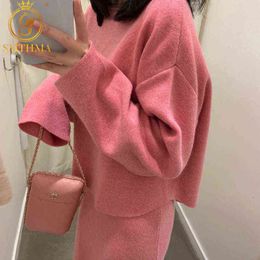 HMA Women Long Sleeve Pullover Sweater And Bodycon Skirt Two Piece Set Office Wear Knitted Outfits Sweater Skirt Suit 211119