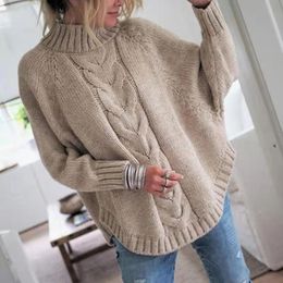 Women's Sweaters Turtleneck Knitted Sweater Women Solid Yellow Hollow Out Long Batwing Sleeve Loose Pullovers Winter Warm Jumper Oversized