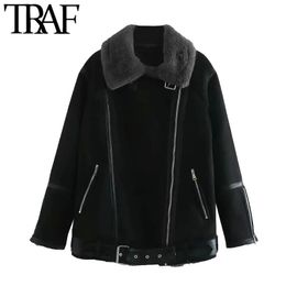 TRAF Women Fashion With Fur Faux Suede Thick Warm Jacket Coat Vintage Long Sleeve Pockets Female Outwear Chic Tops 210415