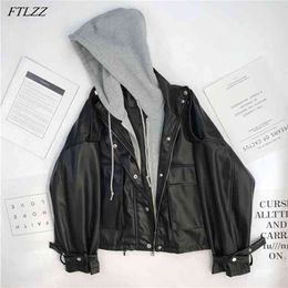 Autumn Women Streetwear Black Pu Faux Soft Leather Jacket Casual Female Fake 2 Piece Hooded Zipper Loose Biker Coat 210430