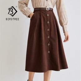 Summer Women's Solid Vintage Corduroy Umbrella Long Skirt Casual A-Line Mid-Length High Waist Button Elegant With Belt B13202X 210416