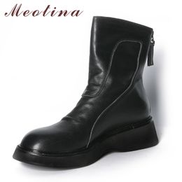 Meotina Genuine Leather Platform Mid Heel Ankle Boots Women Shoes Zipper Chunky Heels Short Boots Female Autumn Winter Black 40 210520
