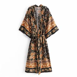 Vintage Woman Loose Printed Sahes Long Dress Spring Fashion Ladies Soft Cotton Dresses Female Elegant Vacation 210515
