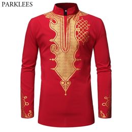 Men's African Dashiki Print Shirt Long Sleeve Stand Up Collar Shirts Traditional Ethnic Slim Fit Casual Chemise Homme Plus Size 210522