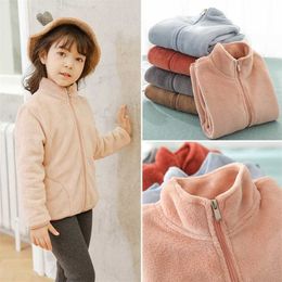 Warm Winter Outerwear Coat For Girls Coral Fleece Zippers Pocket Children Jacket Kids Clothes Cute Pink 211204