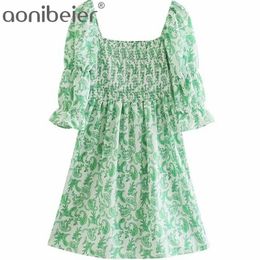 Paisley Print Puff Sleeve Square Collar Shirred Body Women Casual Mini Dress Summer Female High Waist Green 210604