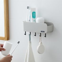 Wall Mount Toothbrush Holder Plastic Bathroom Storage Rack with Hook Accessories Set 210423