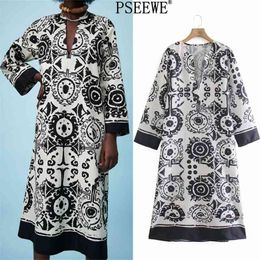 Dress Women Black White Print Woman Long Summer Vintage Midi Sleeve es Goth Loose Casual es 210519