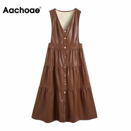 Aachoae Chic V Neck PU Faux Leather Dress Women Vintage Sleeveless Ruffled Brown Midi Dress Fashion Pleated Dresses Vestidos 210413