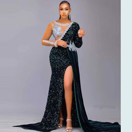 Green Sequins Sparkly Long Sleeve Prom Dress Slit Sexy African Formal Evening Party Gowns Wear Robe De Soirée