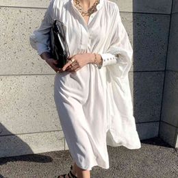 Women Spring Summer Elegant Loose Shirts Dresses Long Sleeve Turn Down Collar Casual Clothing 210515