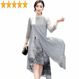 Silk Fashion 2021 Vintage Print Floral Dress Female Elegant O-Neck Long Summer Dresses Loose Casual Grey Vestidos WXF745