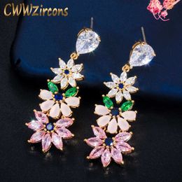 Gorgeous Pink Green Cubic Zirconia Crystal Long Dangle Drop Flower Leaf Earrings Fashion Women Jewellery CZ615 210714