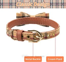 Bow Tie Dog Collars and Leash Set Classic Plaid Charm Adjustable Soft Leather Dogs Bandana and Collar for Puppy Cats 3 PCS B32246S